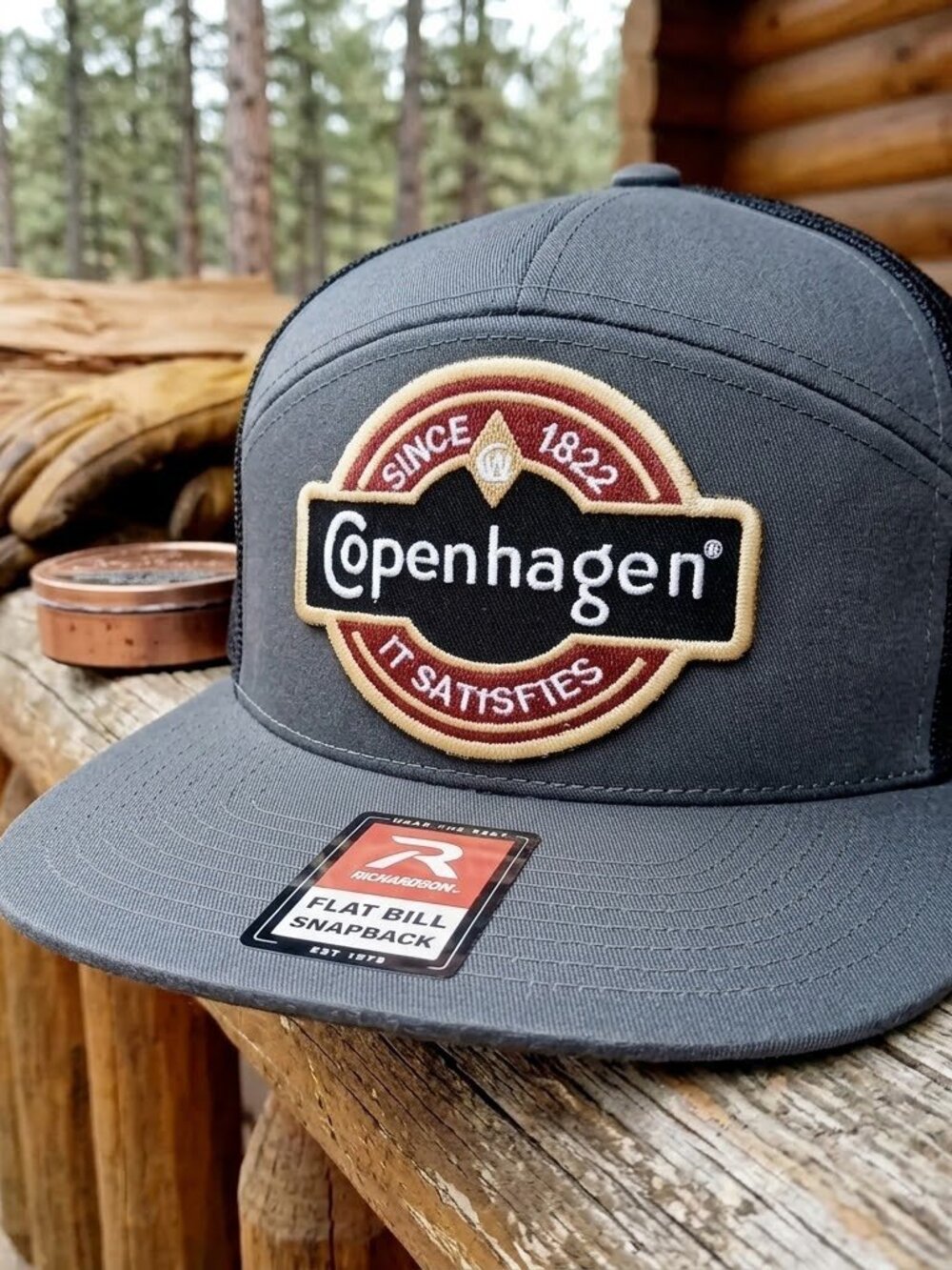 Copenhagen Snuff Patch Grey Black Richardson 7 Panel Flat Bill Trucker Hat Dip